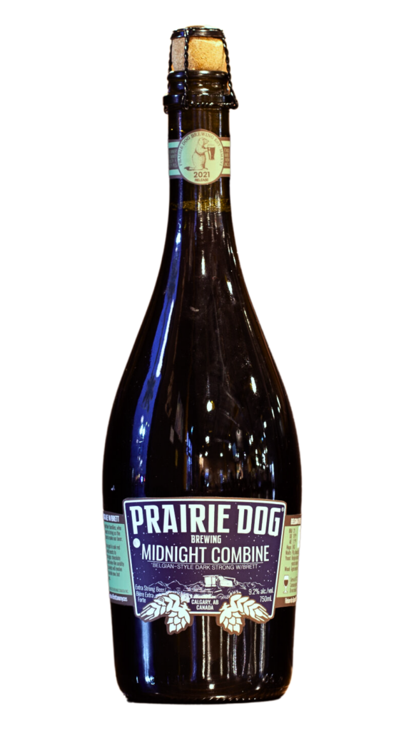 A 750mL bottle of the third edition of Prairie Dog Brewing's Midnight Combine, released in 2021.