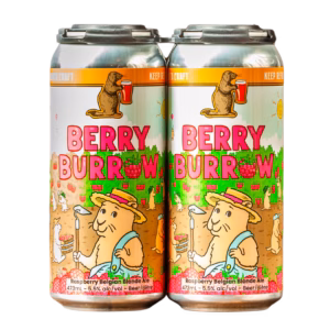 A 4-pack of Prairie Dog Brewing Berry Burrow Raspberry Belgian Blonde Ale in 473mL cans.