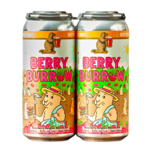 A 4-pack of Prairie Dog Brewing Berry Burrow Raspberry Belgian Blonde Ale in 473mL cans.