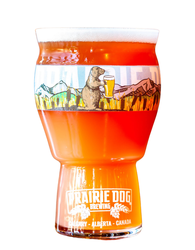 Prairie Dog Brewing's Berry Burrow raspberry Belgian-style blonde ale in a branded beer glass.