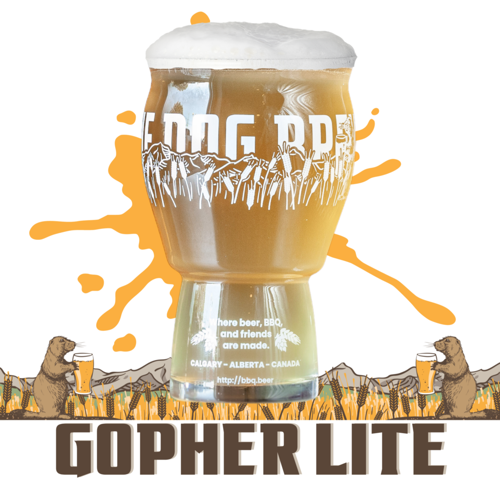 A promotional square image featuring Prairie Dog Brewing's Gopher Lite Ale in a glass, on draft.