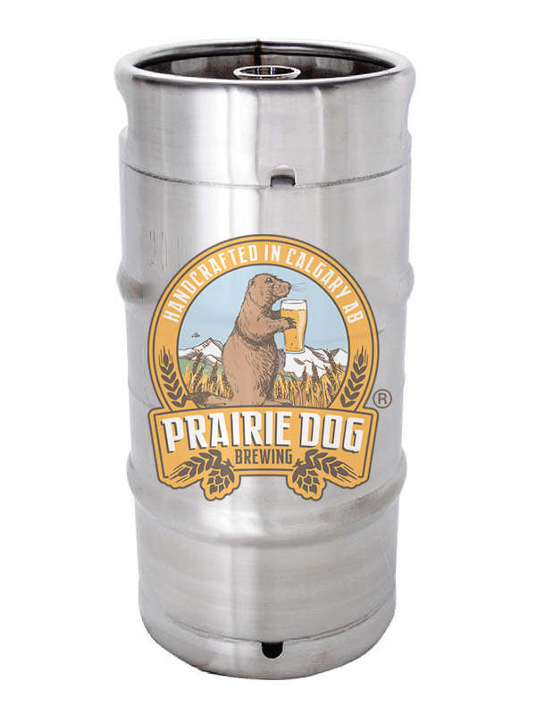 A 30L beer keg with Prairie Dog Brewing's crest logo superimposed over top of it.