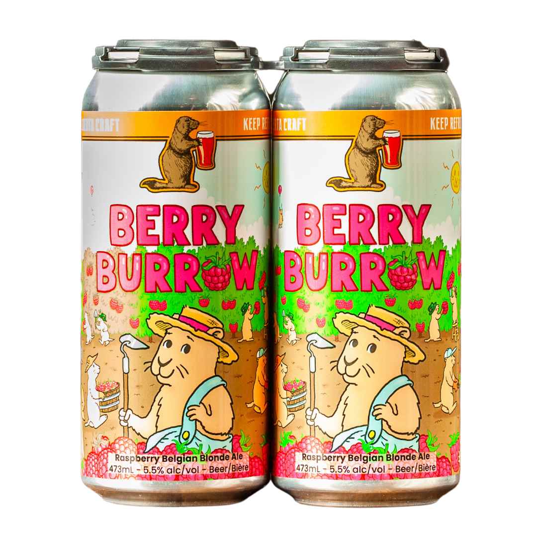 A 4-pack of Prairie Dog Brewing's Berry Burrow Raspberry Belgian-Style Blonde Ale in 473mL Cans.