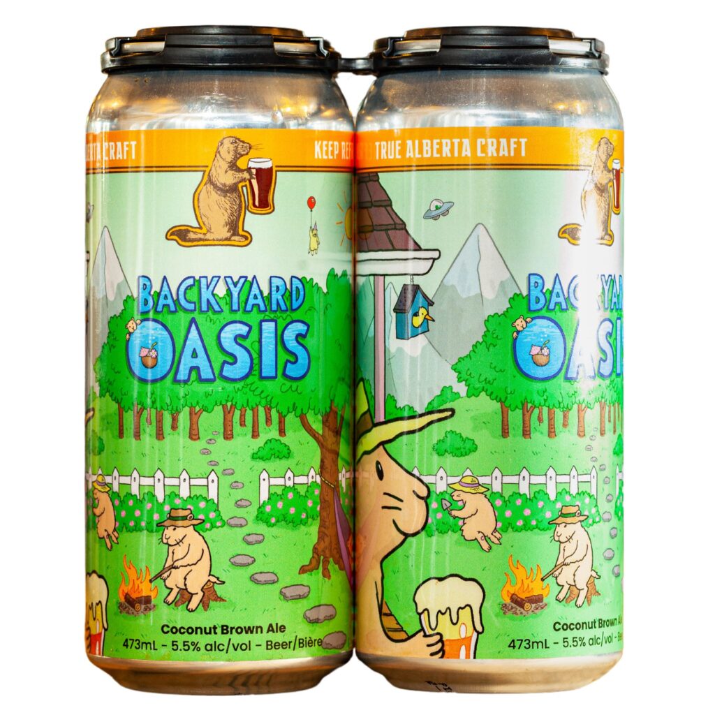 A 4-pack of cans of Prairie Dog Brewing Backyard Oasis - a coconut brown ale.