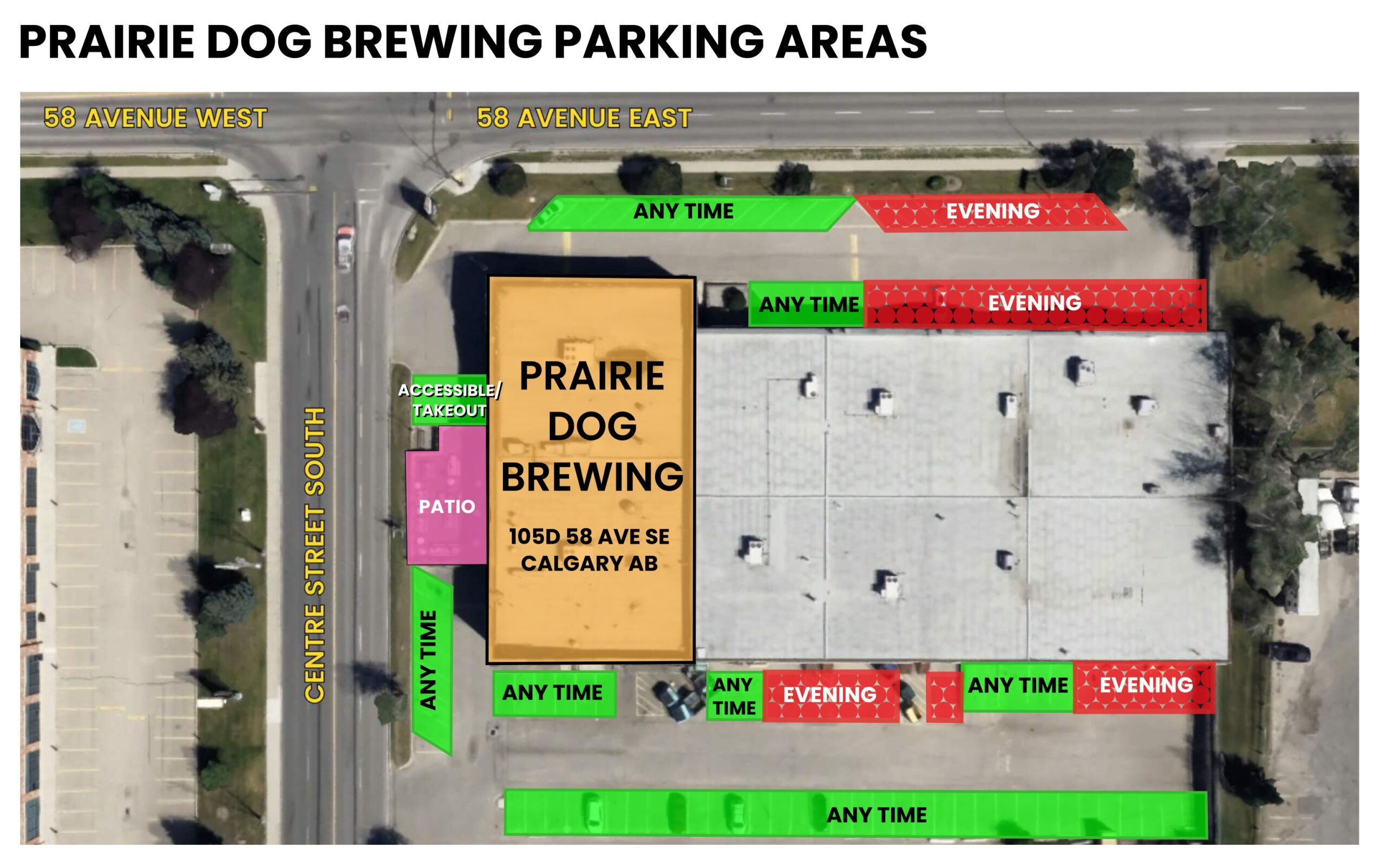 An image depicting vehicle parking areas around Prairie Dog Brewing's 58th Avenue Calgary Brewpub. Green areas are safe for parking anytime, while red-shaded areas are best for parking after 5pm.