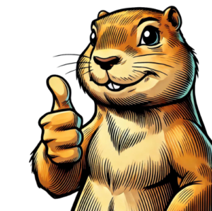 A waist-up view of an anthropomorphized prairie dog smiling and giving a thumbs up (yes, it has a human-like hand!).