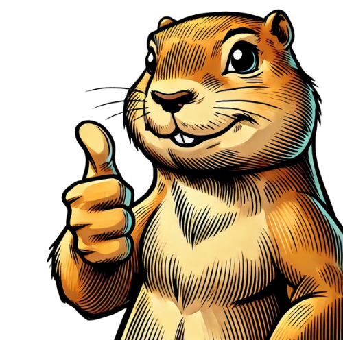 A waist-up view of an anthropomorphized prairie dog smiling and giving a thumbs up (yes, it has a human-like hand!).