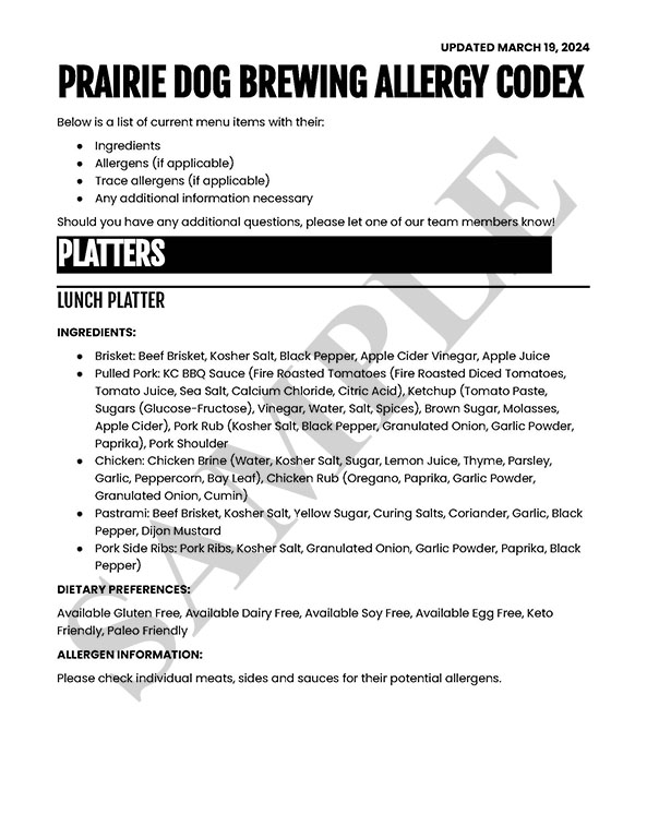 An example of a page from our Prairie Dog Brewing Allergy Codex - a detailed listing of our menu items and their ingredients and common allergens.