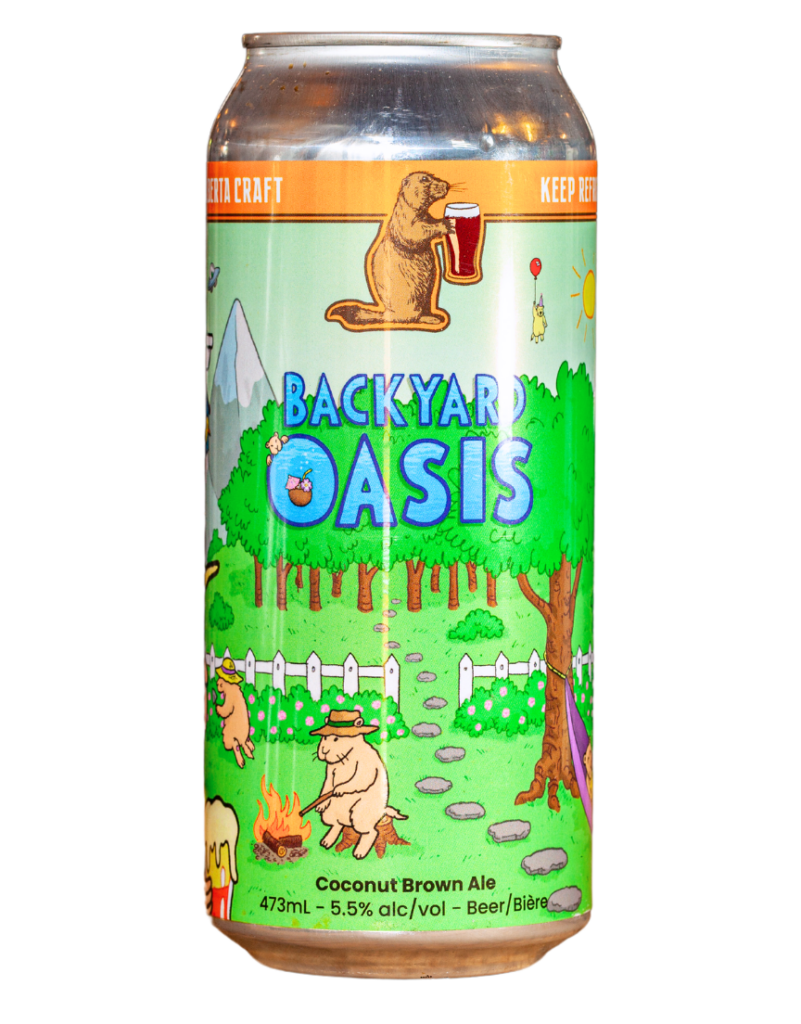 A 473mL can of Prairie Dog Brewing's Backyard Oasis Coconut Brown Ale.