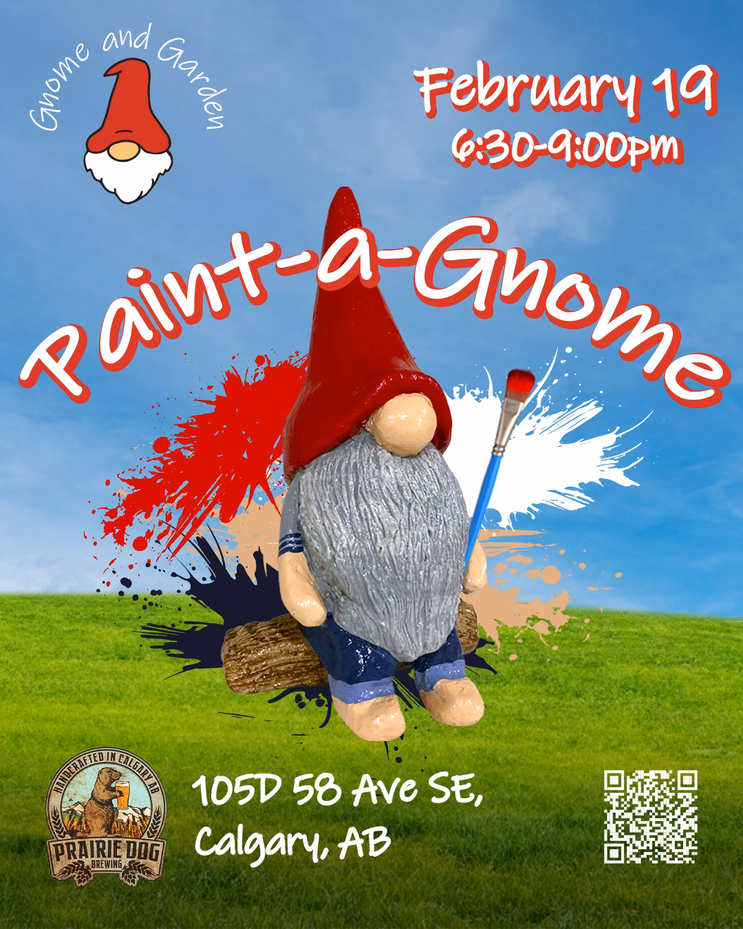 Paint-a-Gnome poster for February 19th event at Prairie Dog Brewing