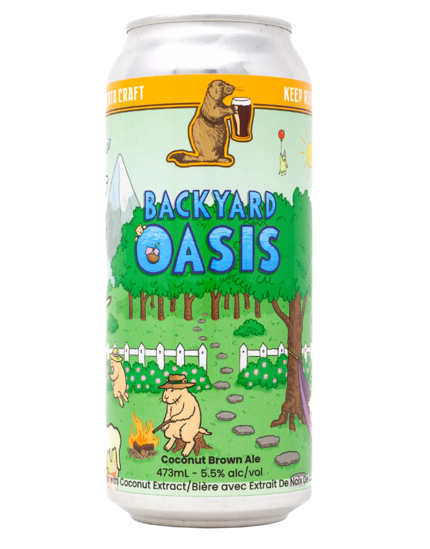 Backyard Oasis Prairie Dog Brewing's Backyard Oasis Coconut Brown Ale in a 473ml/16oz pint glass.