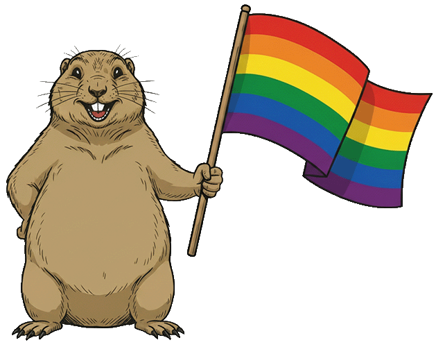 An illustration of a prairie dog facing the viewer and holding a pride flag.