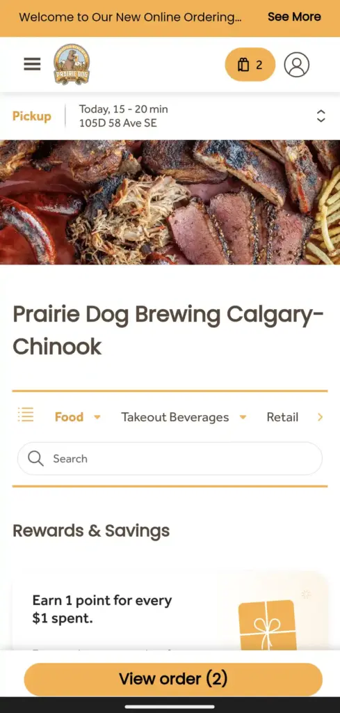 Prairie Dog Brewing's online ordering screen, including Loyalty signup.